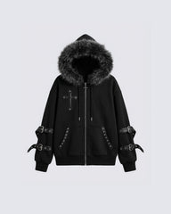 Cross Embroidered Faux Fur Hooded Jacket