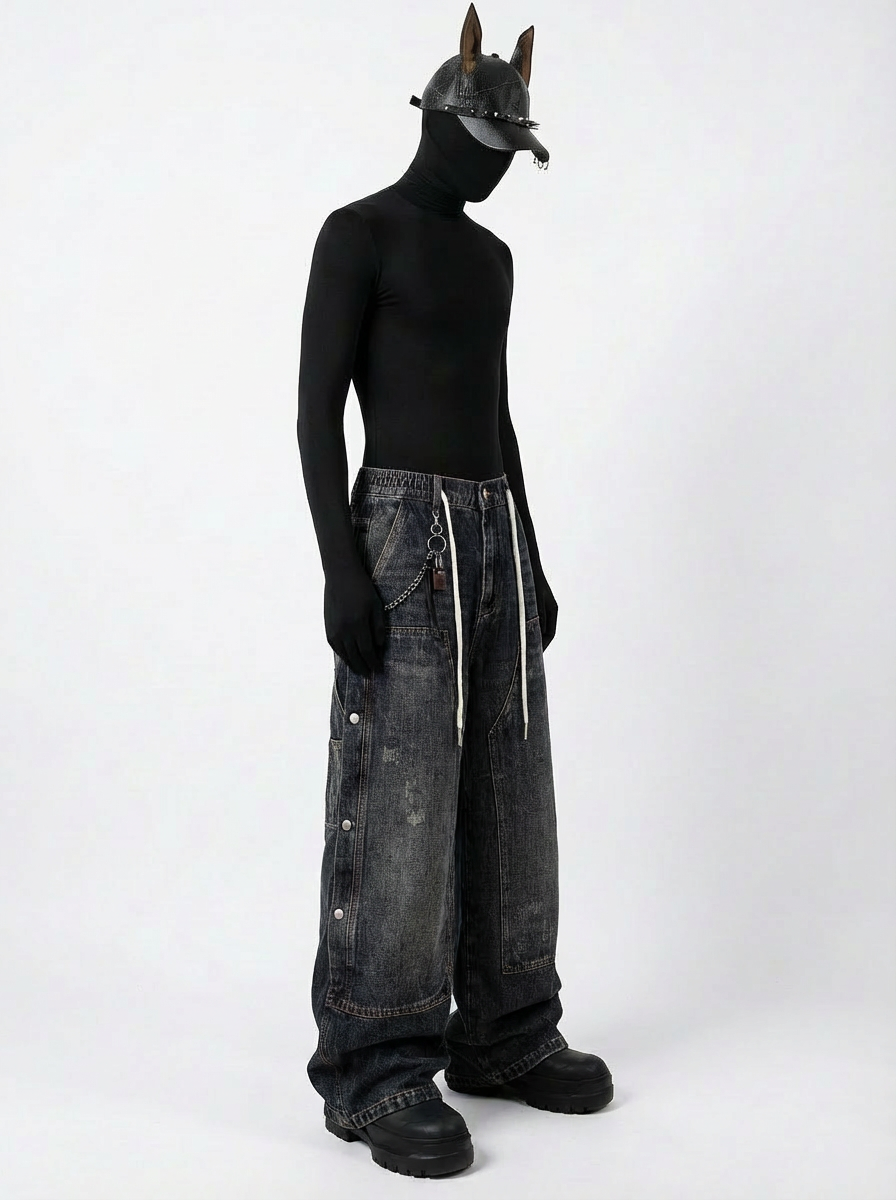 Multi-Pocket Wide-Leg Denim Pants