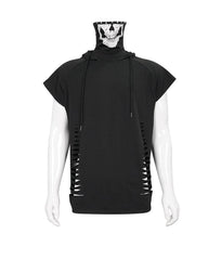 Skull Mask Tattered Sleeveless Hooded Muscle Shirt