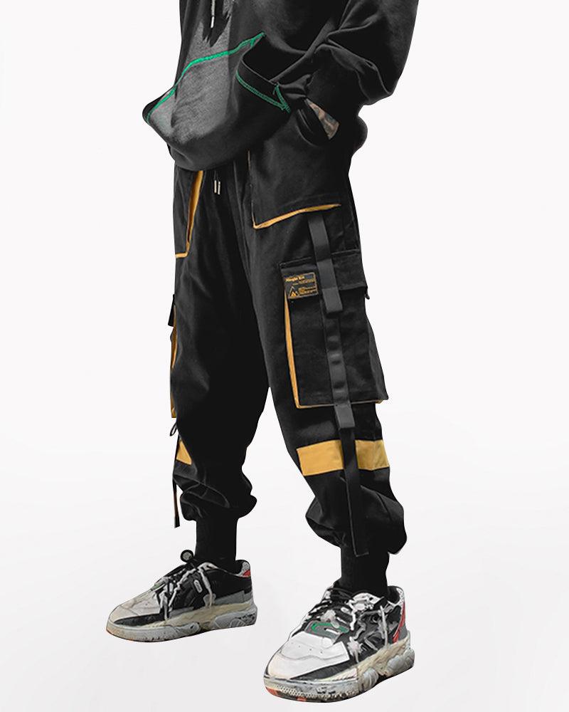 Streetwear Ribbon Patchwork Black Cargo Pants