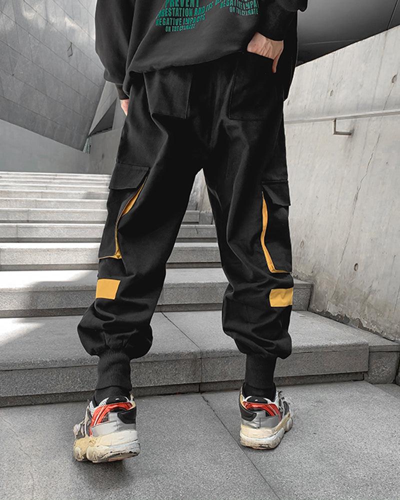 Streetwear Ribbon Patchwork Black Cargo Pants