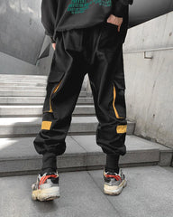 Streetwear Ribbon Patchwork Black Cargo Pants