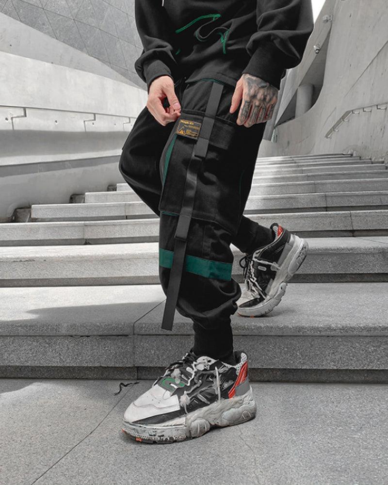 Streetwear Ribbon Patchwork Black Cargo Pants