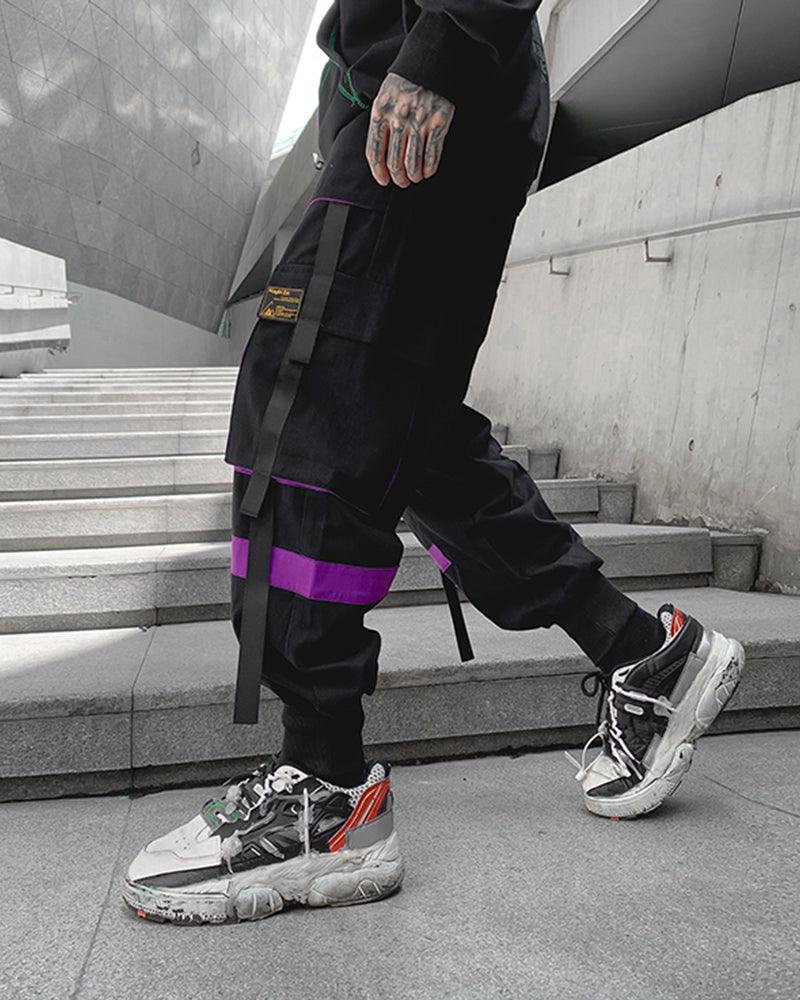 Streetwear Ribbon Patchwork Black Cargo Pants