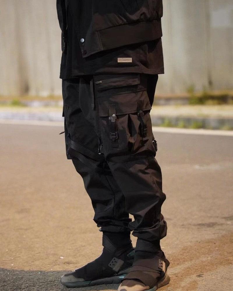 Functional Ribbon Pocket Black Cargo Pants