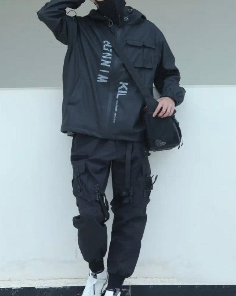 Functional Ribbon Pocket Black Cargo Pants