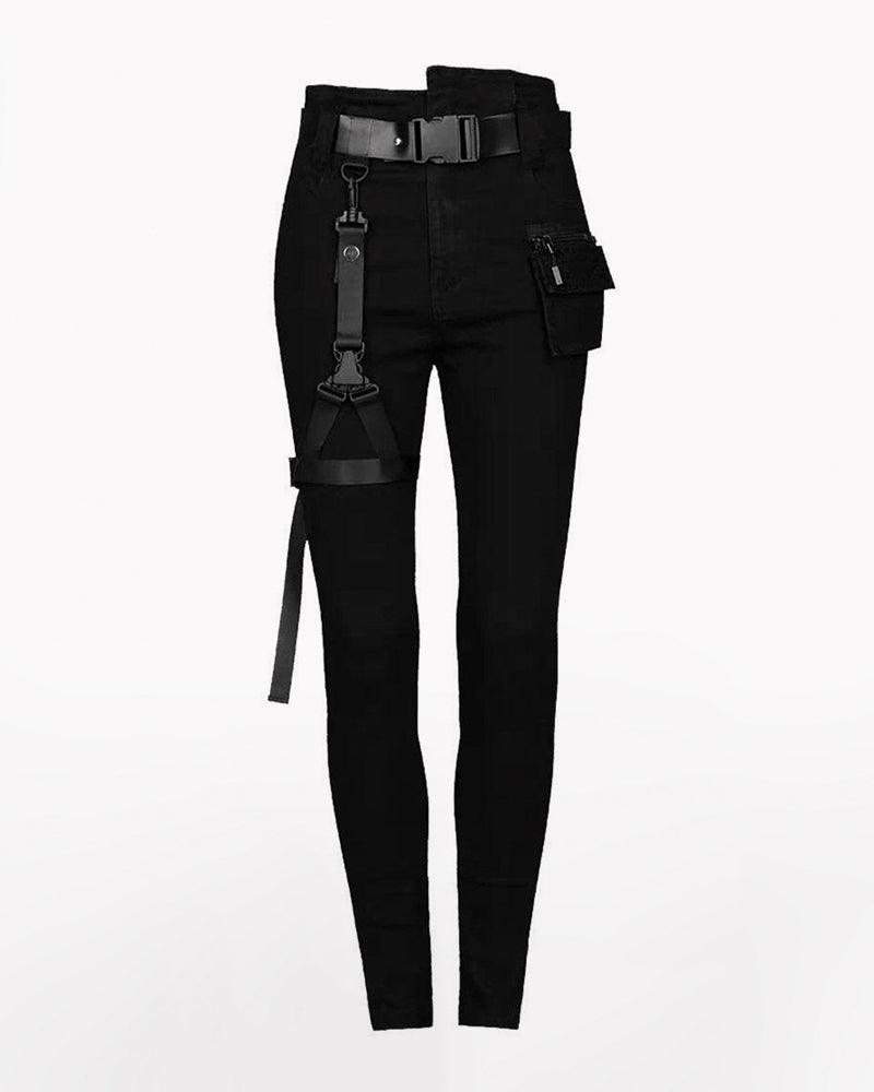 Black Women Buckle Cargo Punk Pants