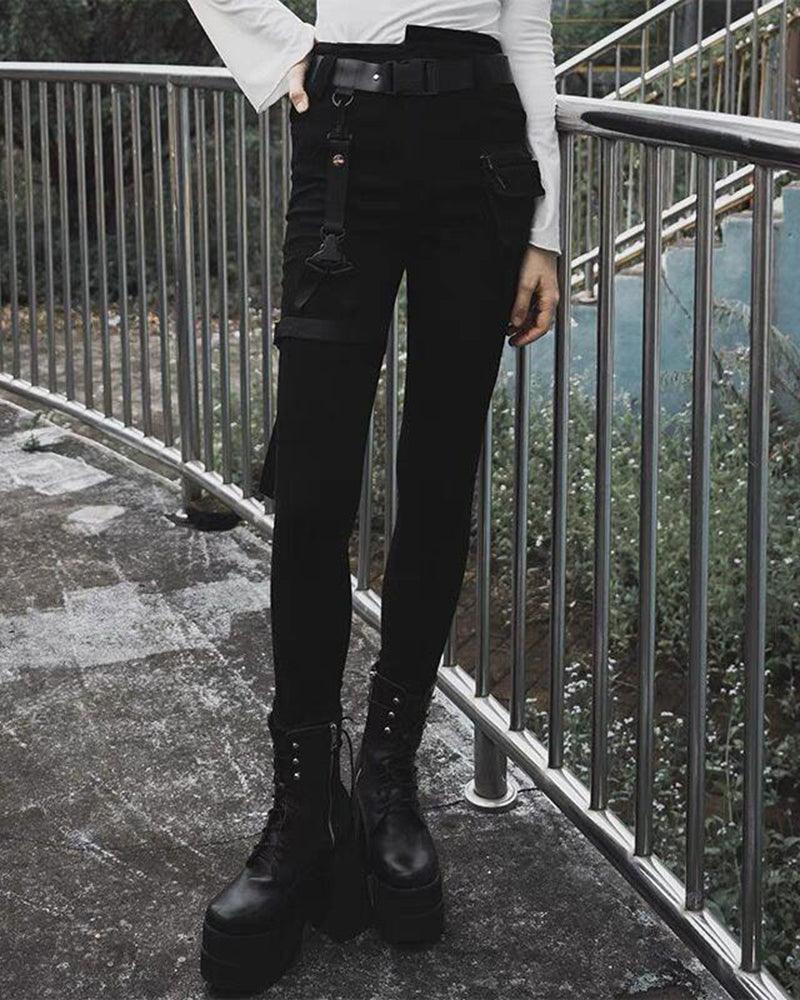 Black Women Buckle Cargo Punk Pants