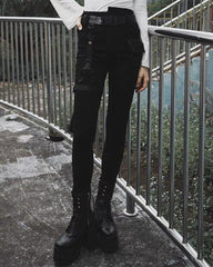 Black Women Buckle Cargo Punk Pants