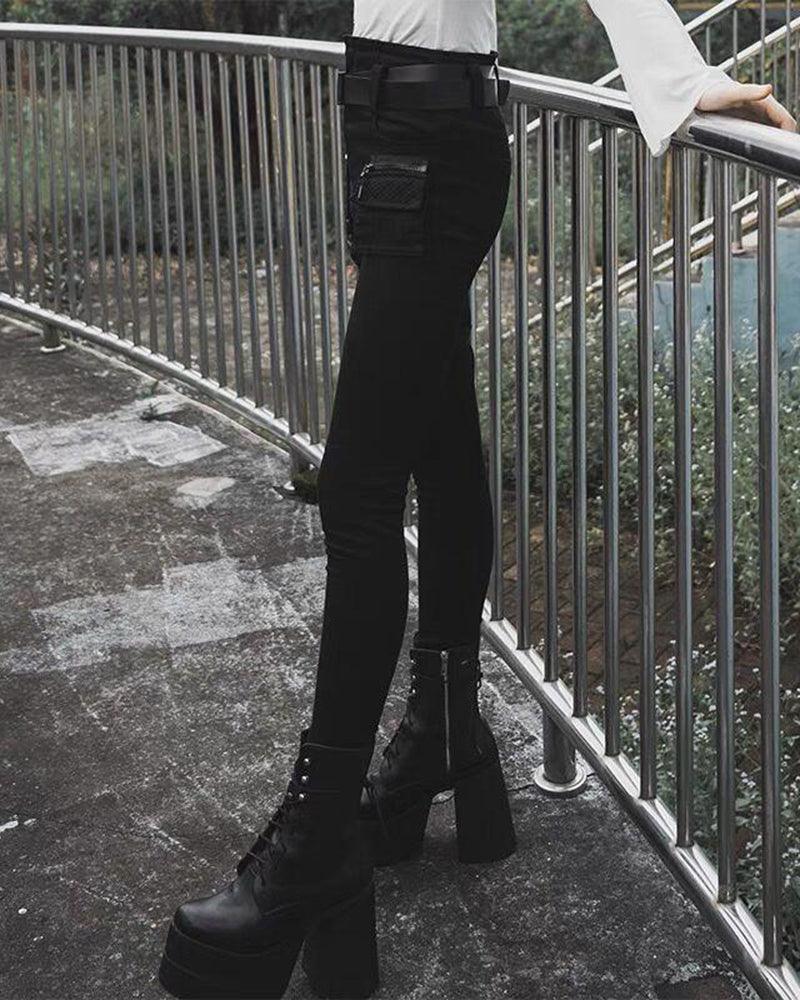 Black Women Buckle Cargo Punk Pants