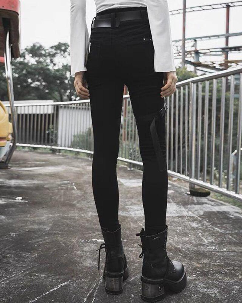 Black Women Buckle Cargo Punk Pants