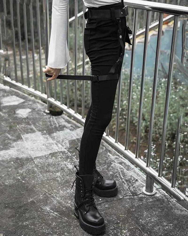 Black Women Buckle Cargo Punk Pants
