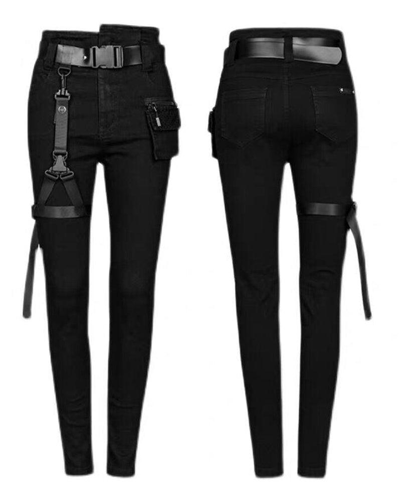Black Women Buckle Cargo Punk Pants