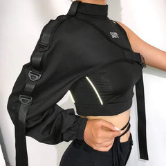 One Shoulder Sleeve Reflective Buckle Top