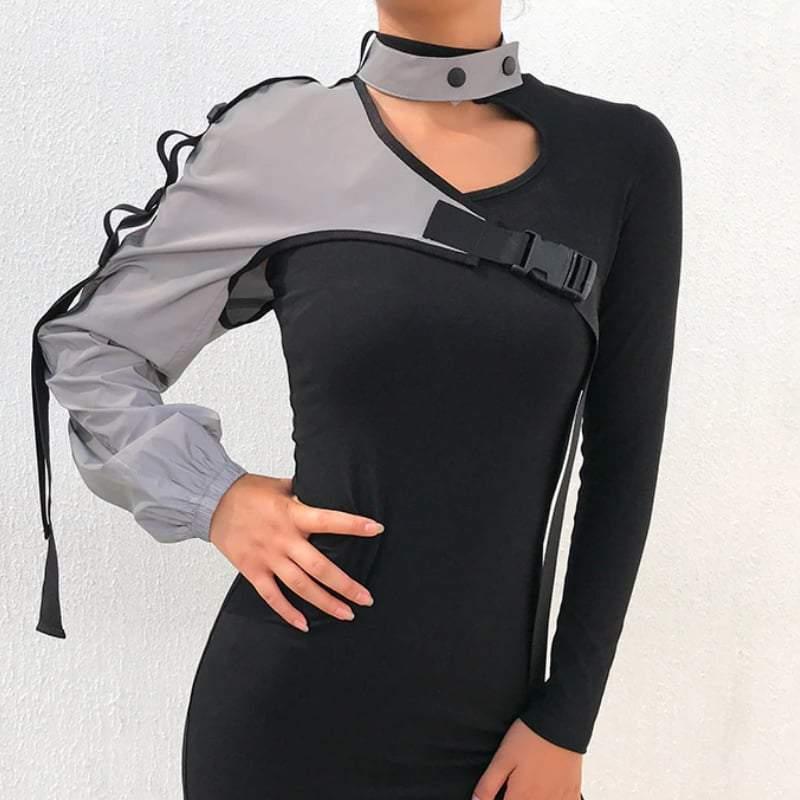One Shoulder Sleeve Reflective Buckle Top