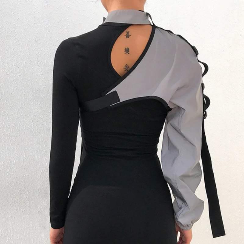 One Shoulder Sleeve Reflective Buckle Top