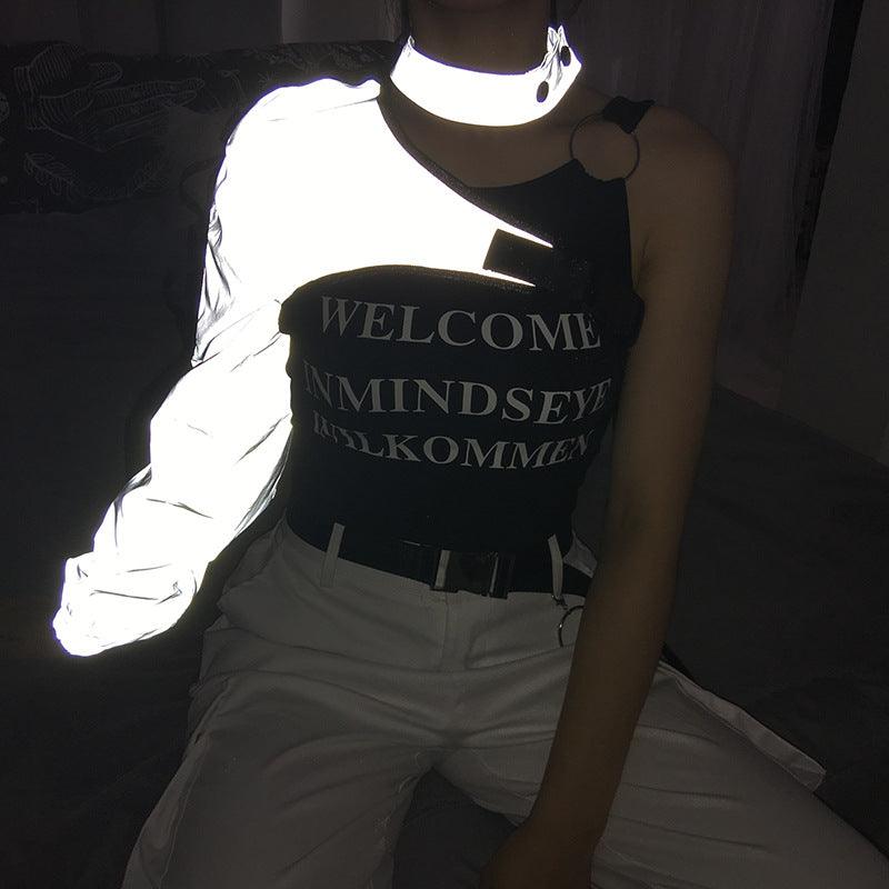 One Shoulder Sleeve Reflective Buckle Top