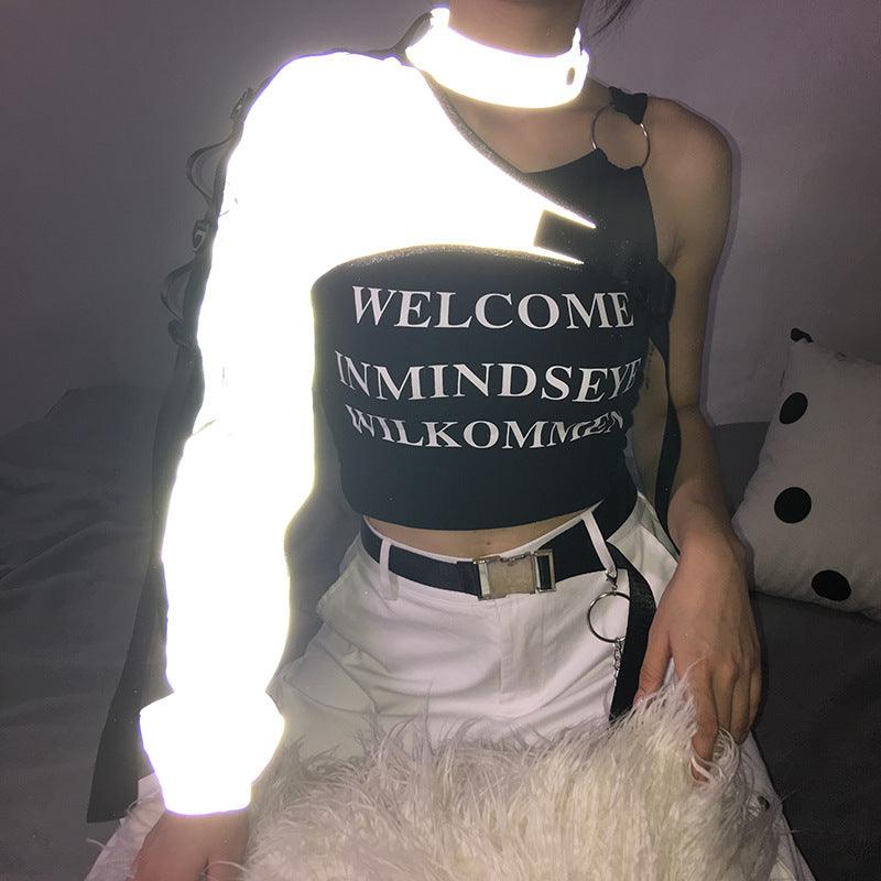 One Shoulder Sleeve Reflective Buckle Top