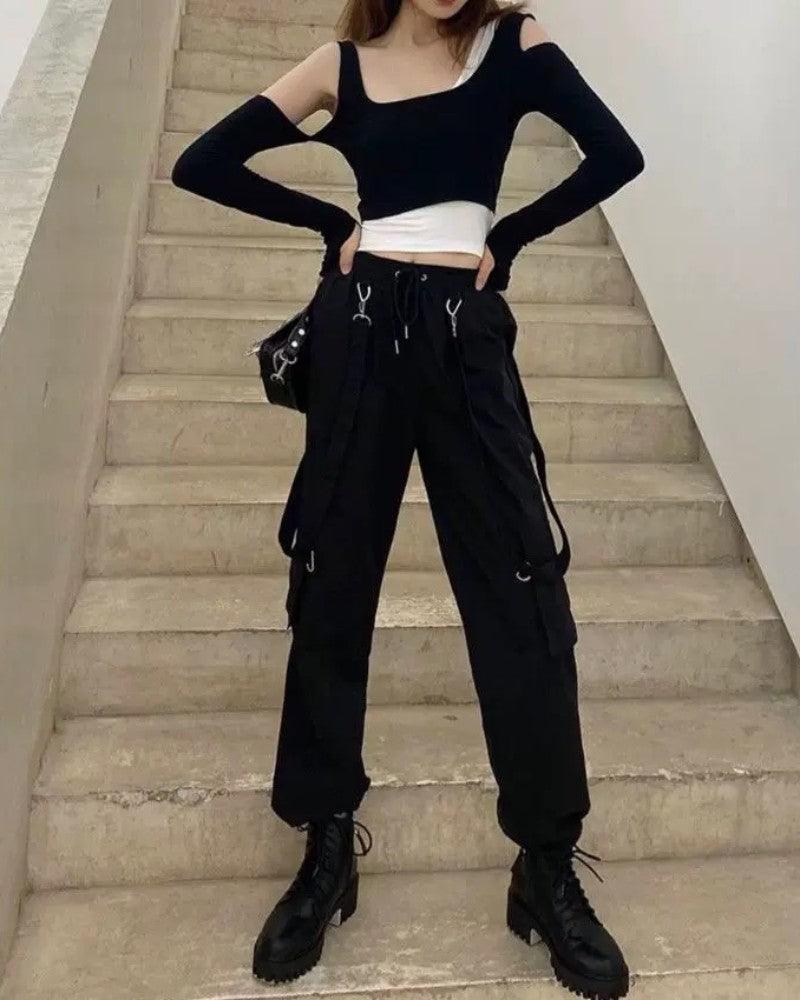 Women Black Straps Cargo Pants