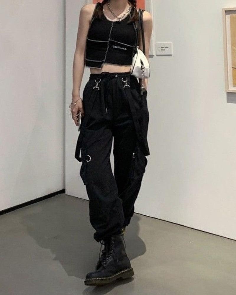 Women Black Straps Cargo Pants
