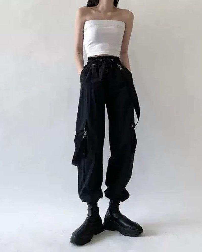 Women Black Straps Cargo Pants