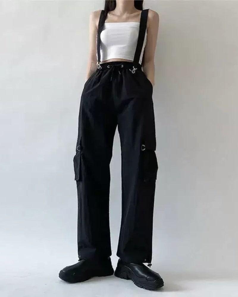 Women Black Straps Cargo Pants