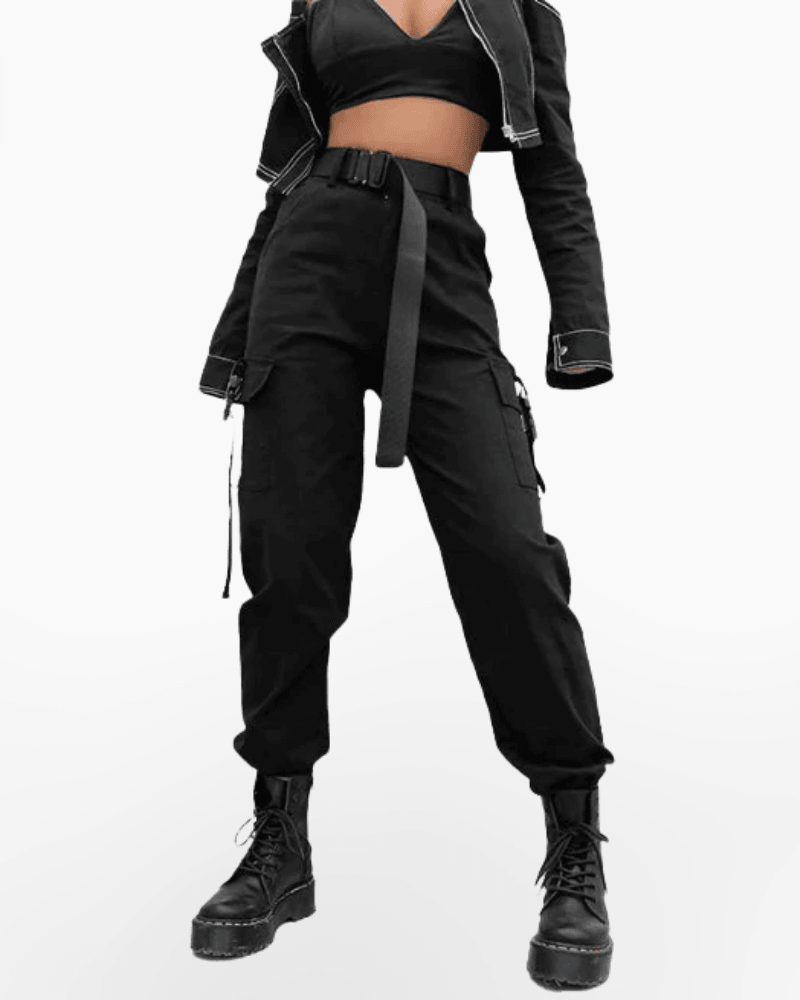 Futuristic Belt Black Women Cargo Pants