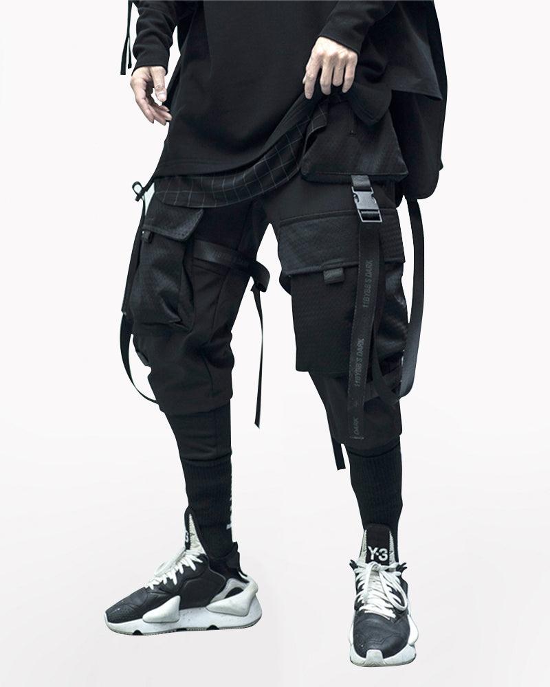 Ninja Black Multi-Pocket Ribbon Cargo Pants
